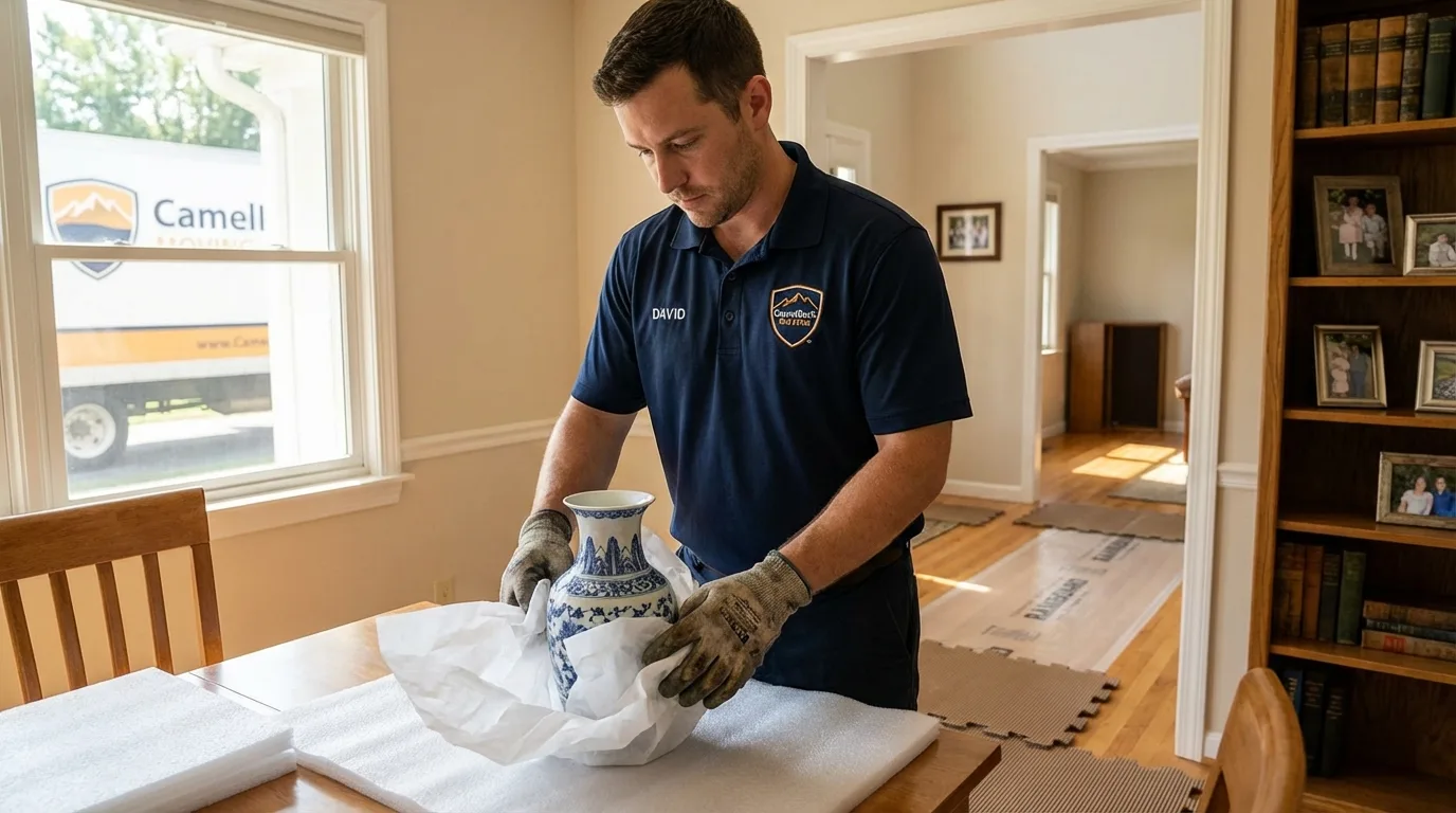 Professional crew carefully wrapping antique vase for senior downsizing move in Park Ridge, IL